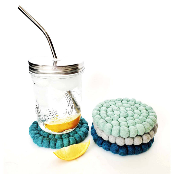 Felt Ball Coasters Set of 4 - Teal Tonal