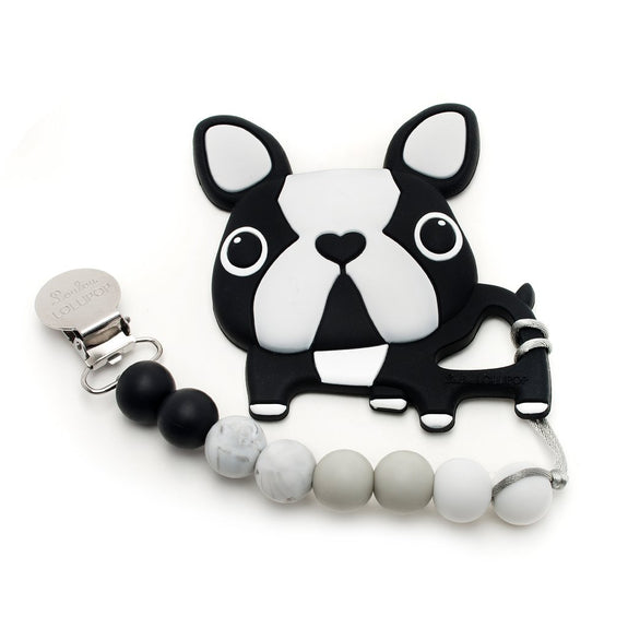Silicone Teether Holder Set - Boston Terrier - Black