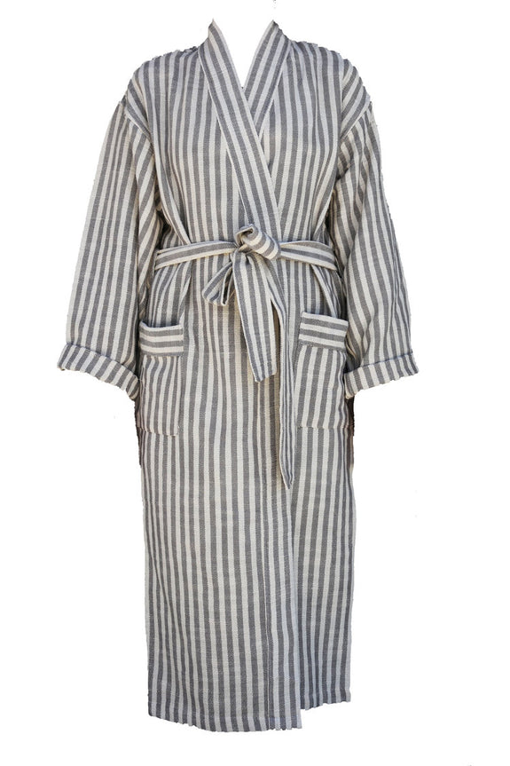 Hand-Woven Kupa Robe - Grey/White Stripe