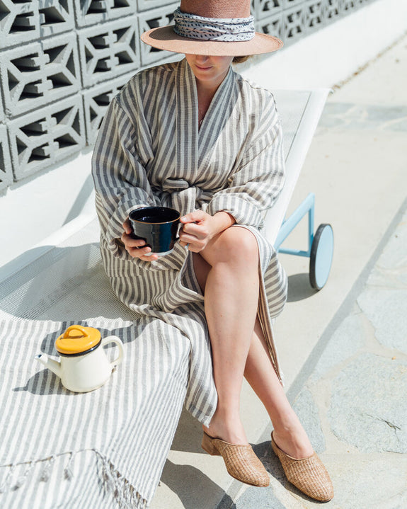 Hand-Woven Kupa Robe - Grey/White Stripe
