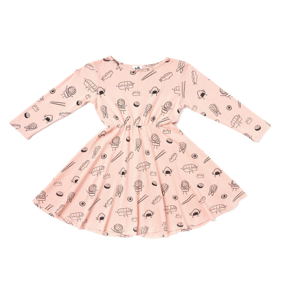 Sushi Print Skater Dress LS Blush