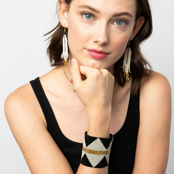 Ivory With Black Luxe Single Stripe With Fringe Earring