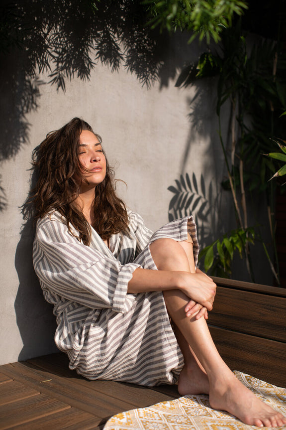 Hand-Woven Kupa Robe - Grey/White Stripe