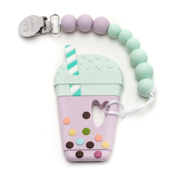 Silicone Teether Holder Set - Taro Bubble Tea - Lilac Mint