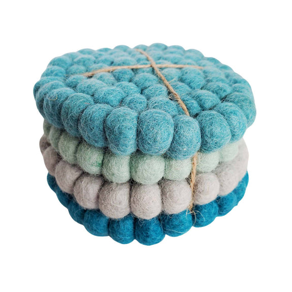 Felt Ball Coasters Set of 4 - Teal Tonal