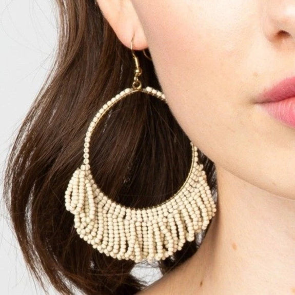 Ivory Fringe Hoop Seed Bead Earring