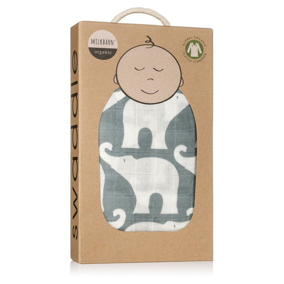 Milkbarn Baby Organic Muslin Swaddle Blanket - Blue Elephant