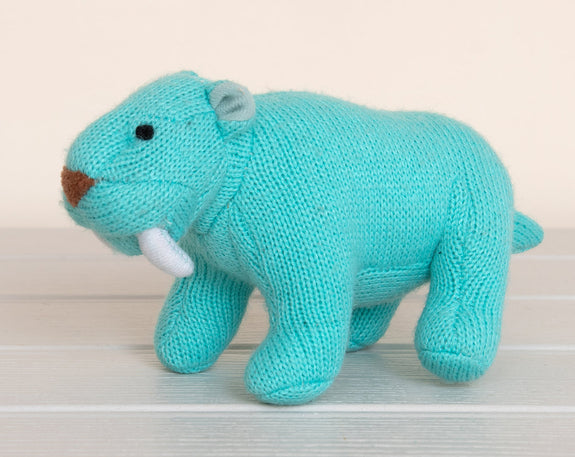 Knitted Sabre Tooth Tiger Rattle - Ice Blue